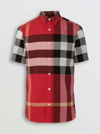 Shop Burberry Short-sleeve Check Stretch Cotton Shirt In Parade Red