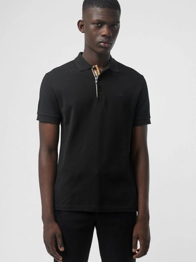 Burberry Check Placket Cotton Polo Shirt In Black | ModeSens