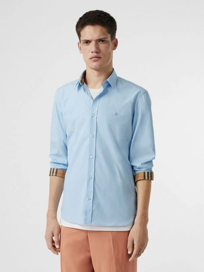 Shop Burberry Stretch Cotton Poplin Shirt In Pale Blue