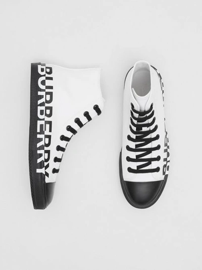 Shop Burberry Logo Print Cotton Gabardine High-top Trainers In Optic White/black