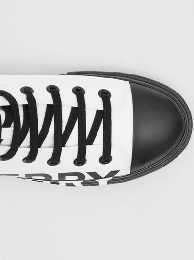 Shop Burberry Logo Print Cotton Gabardine High-top Trainers In Optic White/black