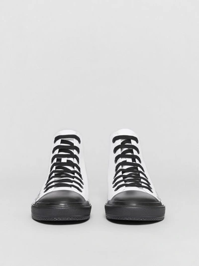 Shop Burberry Logo Print Cotton Gabardine High-top Trainers In Optic White/black