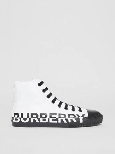 Shop Burberry Logo Print Cotton Gabardine High-top Sneakers In Optic White/black