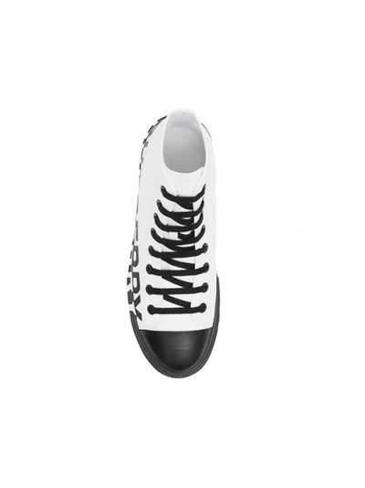 Shop Burberry Logo Print Cotton Gabardine High-top Sneakers In Optic White/black