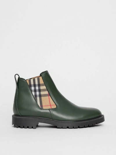 Shop Burberry Vintage Check Detail Leather Chelsea Boots In Bottle Green