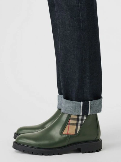 Shop Burberry Vintage Check Detail Leather Chelsea Boots In Bottle Green
