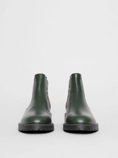 Shop Burberry Vintage Check Detail Leather Chelsea Boots In Bottle Green