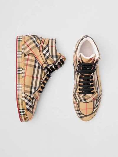 Shop Burberry Vintage Check Cotton High-top Sneakers In Antique Yellow