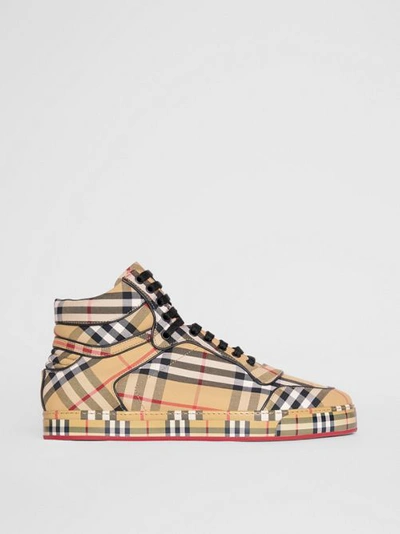 Shop Burberry Vintage Check Cotton High-top Sneakers In Antique Yellow