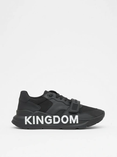 Shop Burberry Kingdom Print Neoprene And Leather Trainers In Black