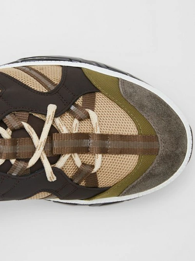 Shop Burberry Mesh And Suede Union Sneakers In Khaki / Brown