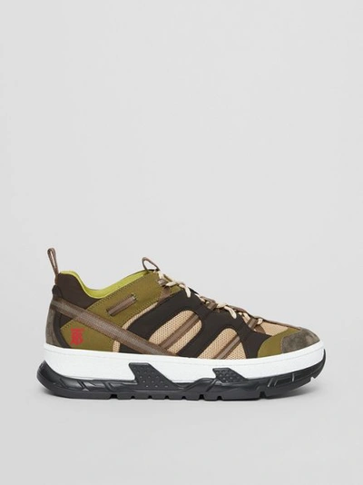 Shop Burberry Mesh And Suede Union Sneakers In Khaki / Brown