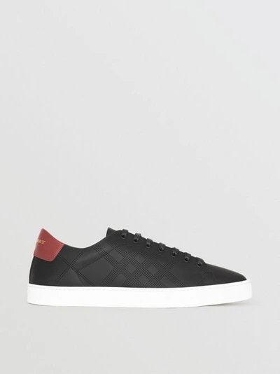 Shop Burberry Perforated Check Leather Sneakers In Black