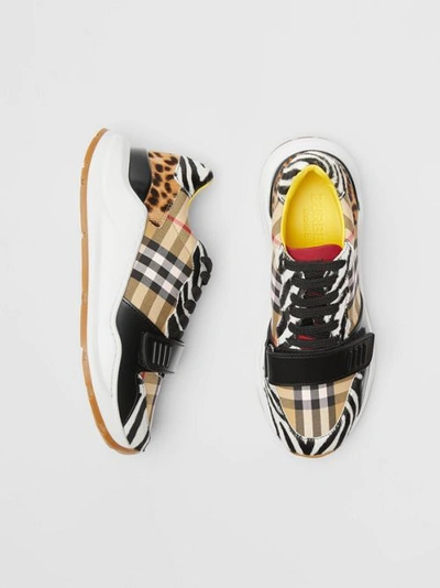 Shop Burberry Animal Print And Vintage Check Sneakers In Antique Yellow