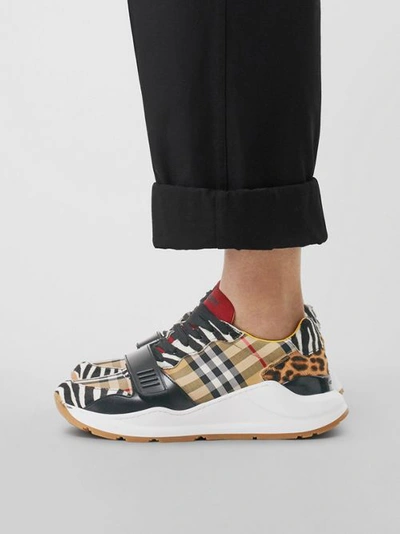 Shop Burberry Animal Print And Vintage Check Sneakers In Antique Yellow