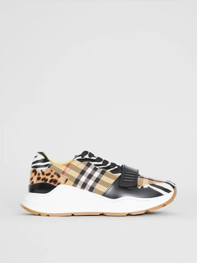 Shop Burberry Animal Print And Vintage Check Sneakers In Antique Yellow