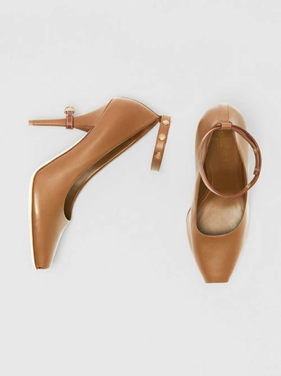 Shop Burberry D-ring Detail Leather Peep-toe Pumps In Amber Brown