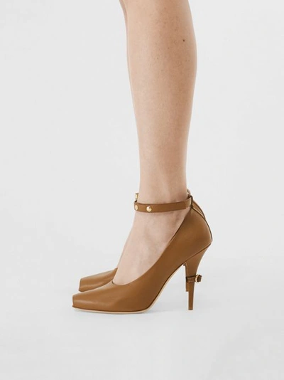 Shop Burberry D-ring Detail Leather Peep-toe Pumps In Amber Brown