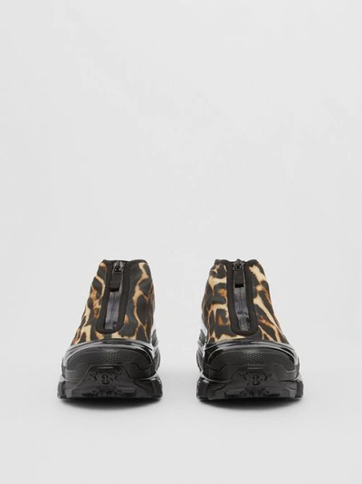 Shop Burberry Leopard Print Nylon Arthur Sneakers In Camel