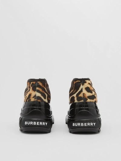 Shop Burberry Leopard Print Nylon Arthur Sneakers In Camel