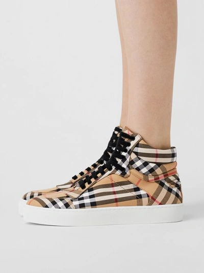 Shop Burberry Vintage Check Cotton High-top Sneakers In Antique Yellow