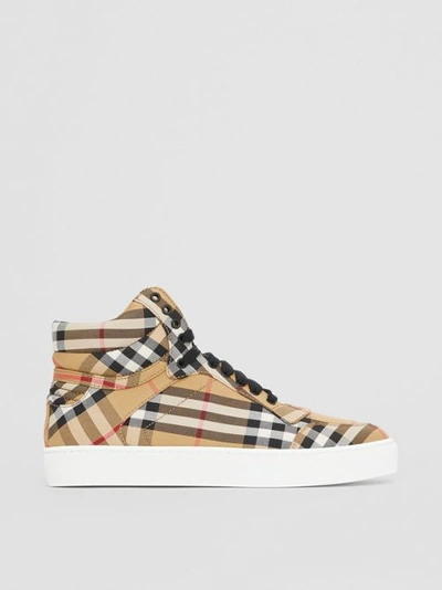 Shop Burberry Vintage Check Cotton High-top Sneakers In Antique Yellow