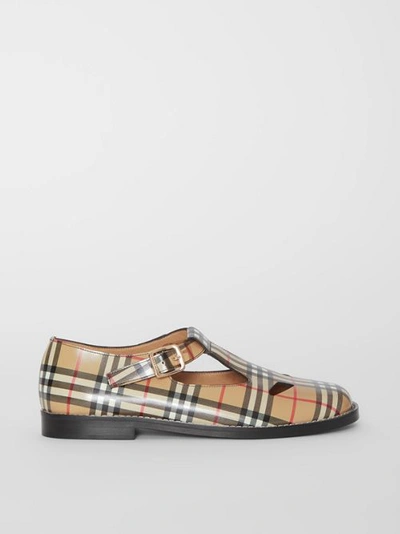 Shop Burberry Vintage Check Leather T-bar Shoes In Archive Beige