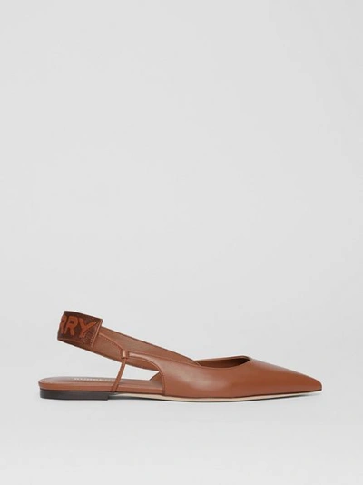 Shop Burberry Logo Detail Leather Slingback Flats In Tan