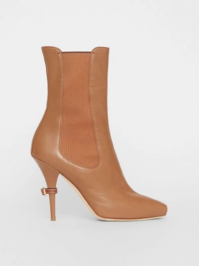 Shop Burberry Leather Peep-toe Ankle Boots In Amber Brown