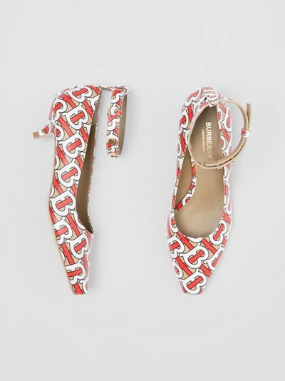 Shop Burberry Monogram Print Leather Peep-toe Kitten-heel Pumps In Tawny