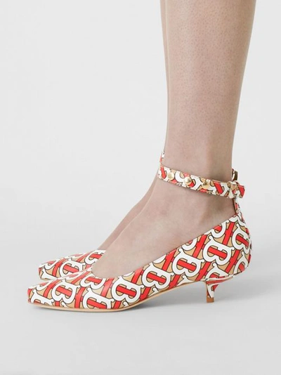 Shop Burberry Monogram Print Leather Peep-toe Kitten-heel Pumps In Tawny