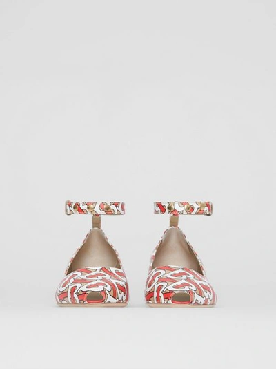 Shop Burberry Monogram Print Leather Peep-toe Kitten-heel Pumps In Tawny