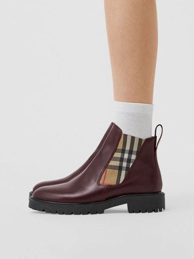 Shop Burberry Vintage Check Detail Leather Chelsea Boots In Oxblood