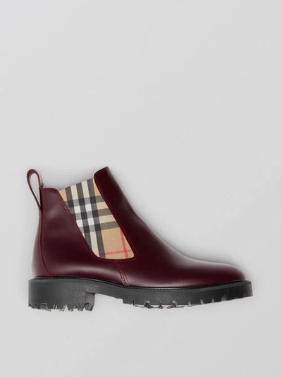 Shop Burberry Vintage Check Detail Leather Chelsea Boots In Oxblood