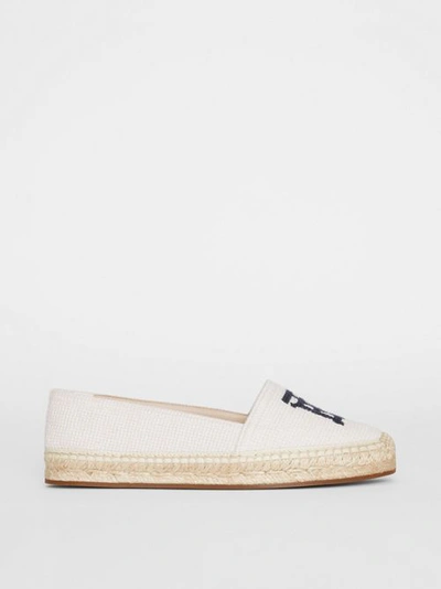 Shop Burberry Monogram Motif Cotton And Leather Espadrilles In Ecru/black