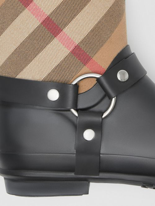 buckle and strap detail check rain boots