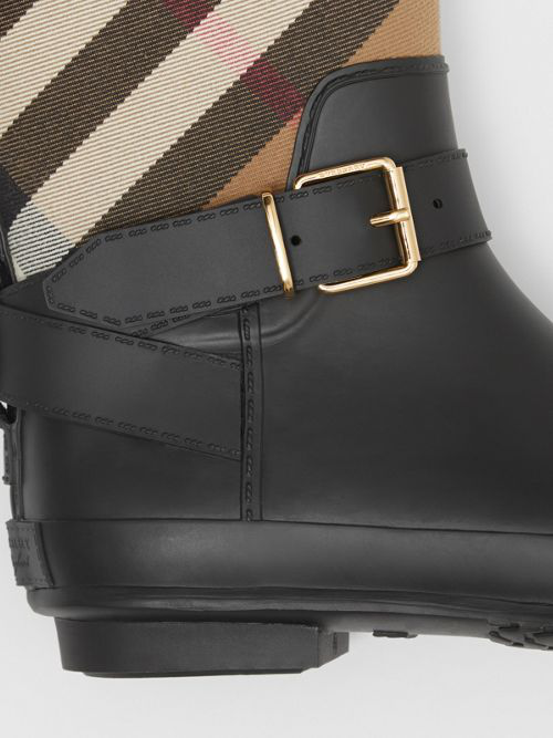 belt detail check and rubber rain boots
