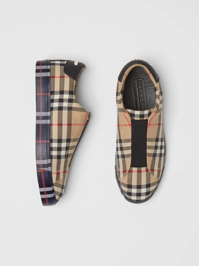 Shop Burberry Contrast Check And Leather Slip-on Trainers In Archive Beige