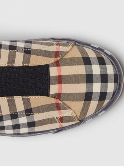 Shop Burberry Contrast Check And Leather Slip-on Sneakers In Archive Beige