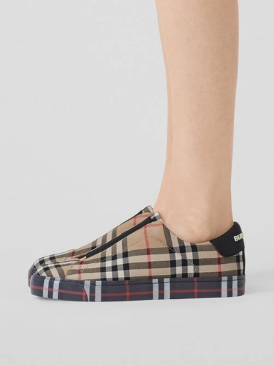 Shop Burberry Contrast Check And Leather Slip-on Trainers In Archive Beige