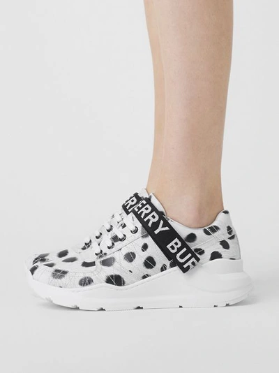 Shop Burberry Animal Print Leather Sneakers In Off White