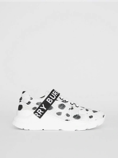 Shop Burberry Animal Print Leather Sneakers In Off White