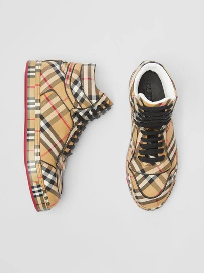 Shop Burberry Vintage Check Cotton High-top Trainers In Antique Yellow