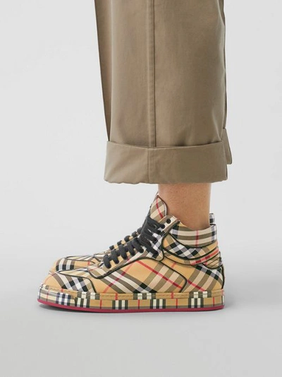 Shop Burberry Vintage Check Cotton High-top Sneakers In Antique Yellow