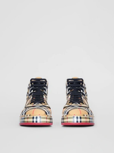 Shop Burberry Vintage Check Cotton High-top Trainers In Antique Yellow