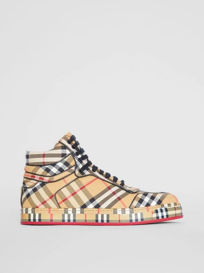 Shop Burberry Vintage Check Cotton High-top Trainers In Antique Yellow