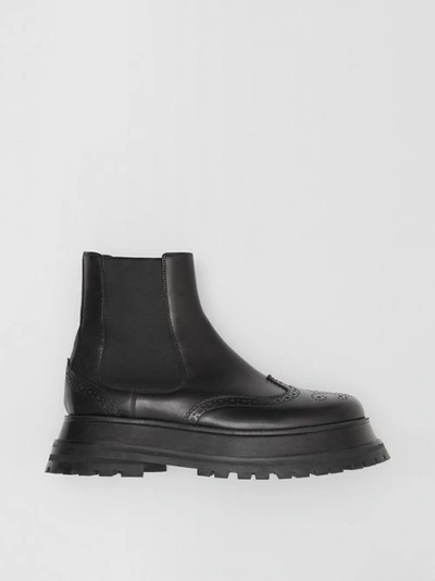 Shop Burberry Brogue Detail Leather Chelsea Boots In Black