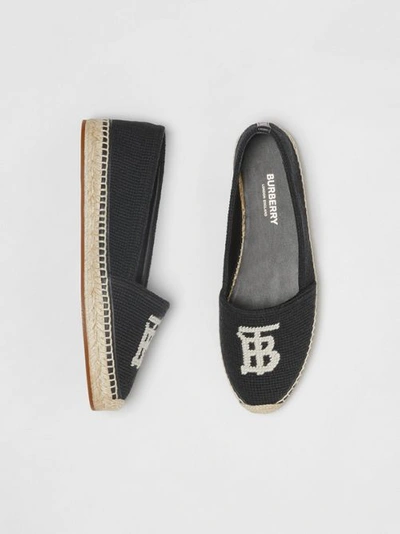 Shop Burberry Monogram Motif Cotton And Leather Espadrilles In Black/ecru