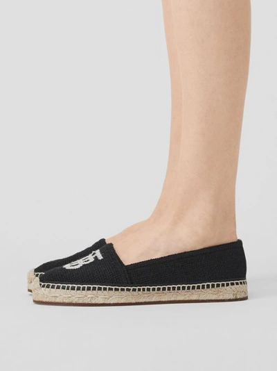 Shop Burberry Monogram Motif Cotton And Leather Espadrilles In Black/ecru