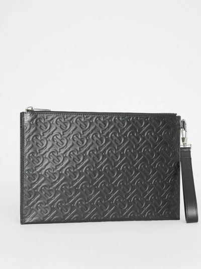 Shop Burberry Monogram Leather Zip Pouch In Black